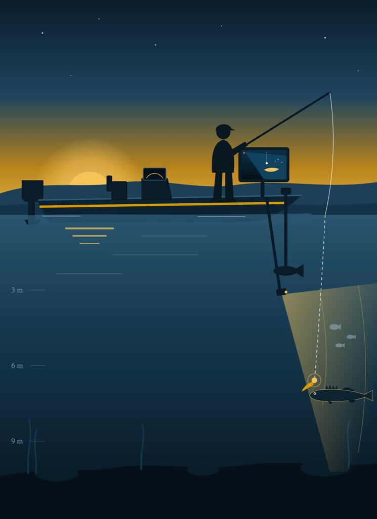 Illustration du sharp shooting : pêcheur sur un bateau équipé d’un écran Garmin et d’une sonde LiveScope repérant un sandre sous l’eau
